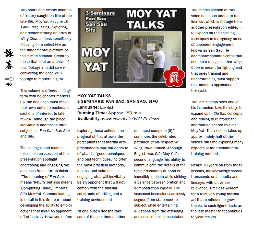 WCI Review – Moy Yat – Moy Yat Talks (Fan Sau, San Sau, Sifu)