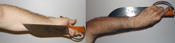 10" blades. The forearm pictured measures 10 inches from wrist to pocket of elbow, and 13 in from wrist to tip of elbow. 